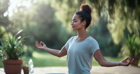 Woman seated in yoga pose with eyes closed and hands in gyan mudra, practicing mindfulness and relaxation in a serene garden setting bathed in warm natural light