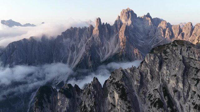 Cinematic aerial video of the Cadini di Misurina mountain in the Italian Dolomites