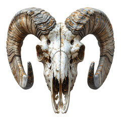 Detailed frontal view of a weathered bighorn sheep skull with large, curved horns against a black background.
