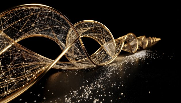 Composition abstraite avec volutes &eacute;l&eacute;gantes tiss&eacute;es de fils d'or, d'argent et de m&eacute;taux pr&eacute;cieux. Isol&eacute; sur fond noir. Generated Image. 