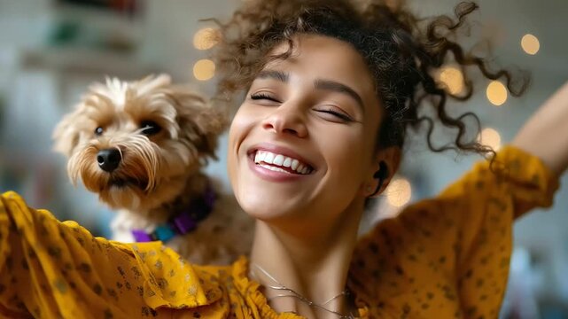 Living room dance joy Gen Z woman dancing playfully with pet dog, humor and music, carefree mental health moment, with copy space