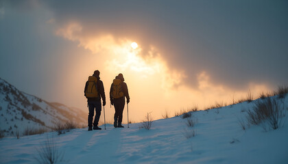 Backlit couple snowshoeing on snowy ridge at sunset — winter travel banner