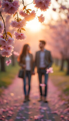 Obraz premium Pink Cherry Blossoms Close-Up, Couple on Petal Path — Valentine Banner