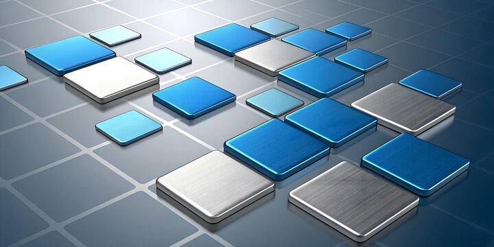 Dynamic abstract background featuring a cascade of blue and grey squares, illustrating digital information flow, network connections, and technological innovation with a modern, futuristic aesthetic