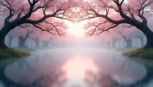 Digital Pastel Sakura Background — Misty Mirrored River, Wedding Cards