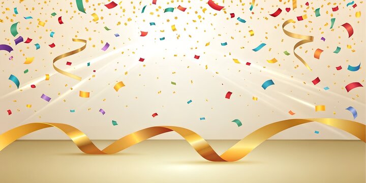 Vibrant celebration background with falling colorful confetti and golden ribbons, creating a festive and joyful atmosphere for parties, holidays, and special events