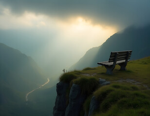 Moody misty mountain bench on cliff with golden sunbeams — solitude banner