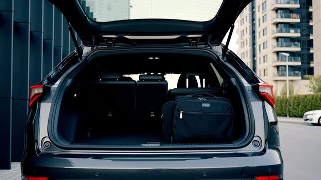 Placing suitcase baggage into car trunk Travel Luggage Holiday Vacation Preparation Tourism Trip Vehicle Cargo Load