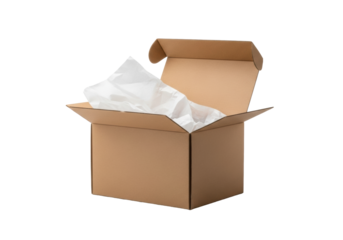 New plain brown corrugated cardboard shipping box, unsealed, open top with white tissue paper peeking, brightly lit studio with solid transparent background, concept of product unboxing or packaging