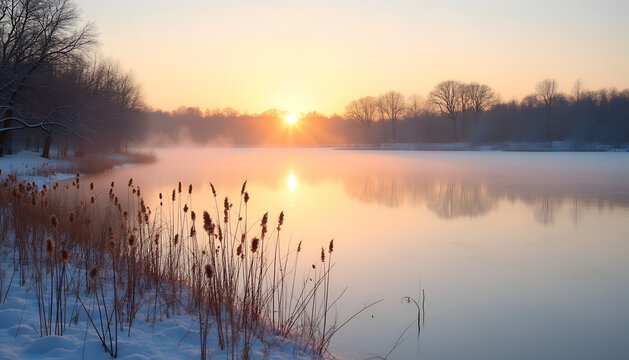 Misty Winter Sunrise on Snowy Lake Shore with Cattails — Golden Reflection, Copy Space