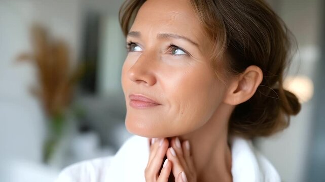 Aging beauty concern middle-aged woman touching neck and cheeks at mirror, dry skin stress, considering skincare or fillers, soft bathroom light, with copy space
