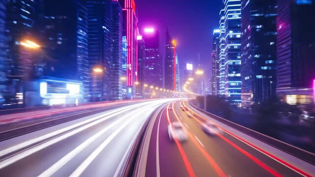 Highway traffic flows rapidly through a modern city at night, creating long exposure light trails. Illuminated skyscrapers define the urban landscape. Camera pans horizontally across the scene.