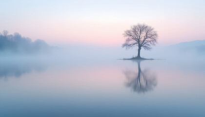 Minimalist Fine Art Photo — Solitary Leafless Tree Reflection on Foggy Lake, Pastel Dawn, Copy Space for Wellness/Meditation Hero Image