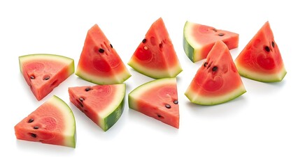 Fresh watermelon slices arranged artfully on a plain white background isolated on white background
