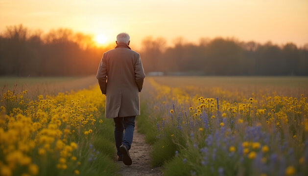 White senior man walking away in wildflower field at sunset — retirement
