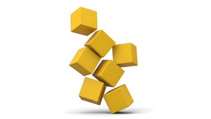 Obraz premium Pile of yellow cubes falling and scattered in motion on white isolated on white background
