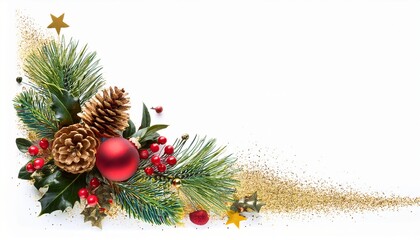 Christmas Corner Decoration With Fir Branches Baubles Pine Cones Holly Berries And Golden Confetti Isolated On Transparent Background