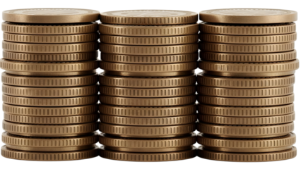 Three golden coin stacks on clear background isolated on transparent background