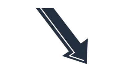 Blue diagonal arrow showing downward trend isolated on transparent background