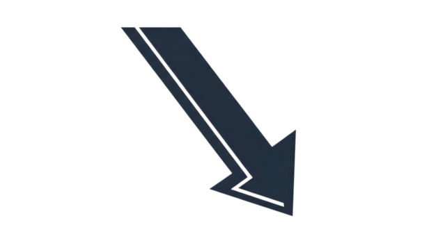 Blue diagonal arrow showing downward trend isolated on transparent background