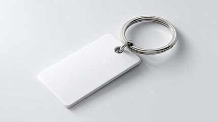 Blank rectangular metal keychain with ornate silver ring isolated on white background