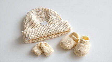 Cozy knitted baby hat, booties, and mittens set isolated on white background
