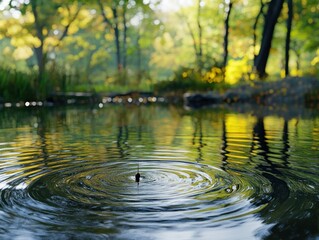 Naklejka premium Water surface reflection with ripples and forest background