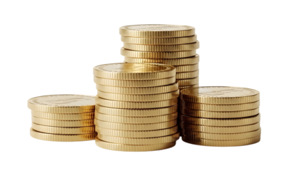Stacks of gold coins, symbolizing wealth isolated on transparent background