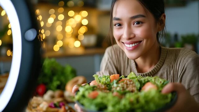 Diet vlogger Asian woman giving HDL meal plan on phone live, ring light, ingredient cards, friendly coaching tone, with copy space