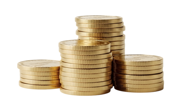 Stacks of gold coins, symbolizing wealth isolated on transparent background - Powered by Adobe
