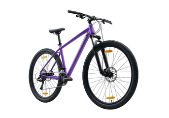 Fototapeta premium A vibrant purple modern high-performance mountain bike with black knobby tires, disc brakes, and yellow reflectors, alongside a matte black water bottle, in a seamless transparent studio. Concept for