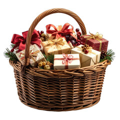 A festive wicker basket overflowing with elegantly wrapped gift boxes and seasonal decorative elements against a stark black background.