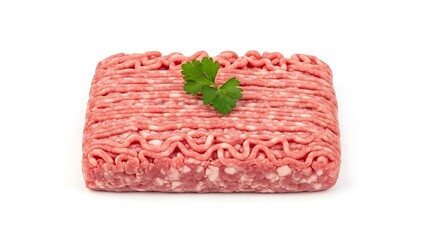 Fresh raw ground pork with parsley garnish on white background, isolated isolated on white background