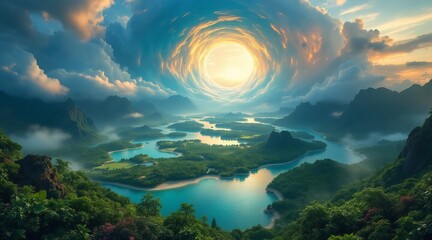 A breathtaking vista unfolds, revealing a lush landscape of verdant islands nestled amidst a tranquil expanse of turquoise waters