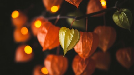 Luminous orange physalis lanterns with glowing lights evoke autumn festivals and warm evenings