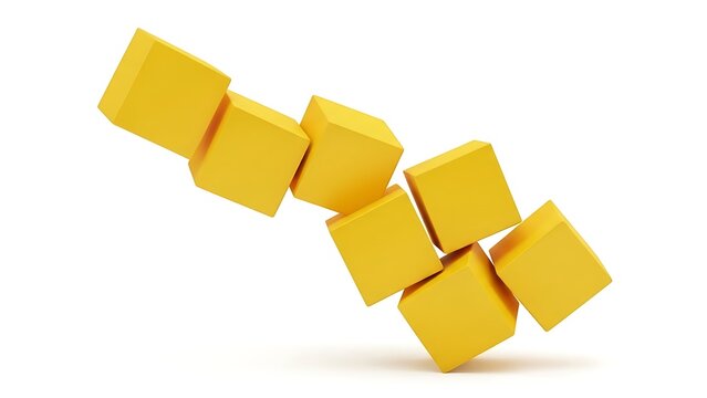 Yellow cubes arranged in a diagonal line on a white background isolated on white background