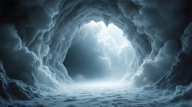 A mesmerizing snow cave with a bright opening, showcasing the beauty and mystery of natures icy formations and ethereal light
