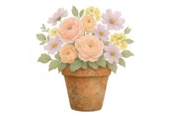 Watercolor ranunculus and cosmos flower arrangement in terracotta pot