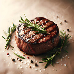  Single beef steak with rosemary garnish, photographed against a soft beige background