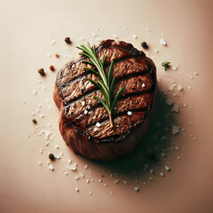  Single beef steak with rosemary garnish, photographed against a soft beige background