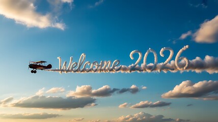 Airplane with banner and writing the phrase "Welcome 2026" in smoke in the sky. Abstract image, texture, pattern background, wallpaper, cover and screen for smartphone, PC, laptop, 9:16 and 16:9 forma