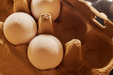 Close-up of several chicken eggs in a paper egg carton