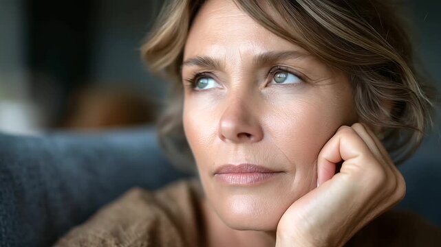 Burnout mood middle-aged woman angry and bored on sofa, mental health stress, warm muted tones, supportive care hint, with copy space