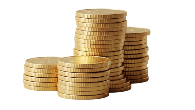 Gold coin stacks for financial prosperity isolated on transparent background
