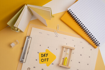 Day off - workplace message in the office. Concept of absence from work and day off