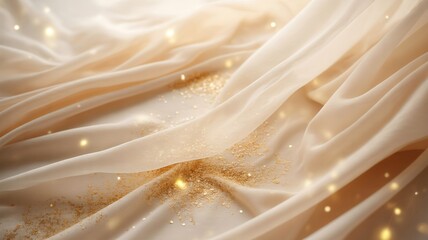 Elegant folds of sheer fabric with gold dust create a luxurious, dreamy, and festive background