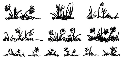 Hand-drawn grass doodles and field sketches create charming cartoon landscapes. Vector outlines perfect for garden illustrations, meadow scenes, and nature-themed designs.