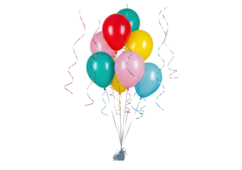 Vibrant red, teal, yellow, pink, light blue balloons, shimmering streamers and confetti, isolated on a transparent background, bright studio light, festive product concept