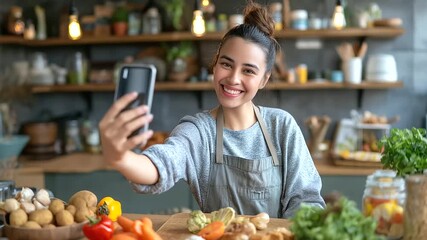Diet coach vlogger Asian woman giving HDL meal plan tips on selfie video, kitchen counter props, organized nutrition boards, with copy space