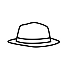 Black fedora hat with a dark gray ribbon band illustrated with clean lines on a white background, a simple graphic representation of headwear